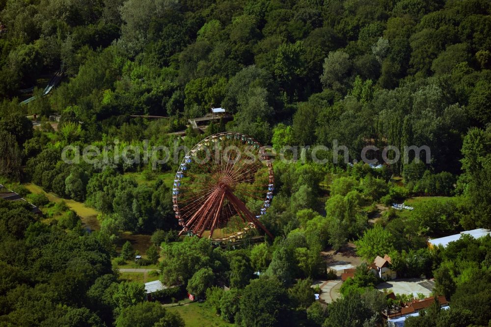 Berlin from above - Grounds of the derelict former amusement park Spree / Culture park Plänterwald in the district of Treptow-Köpenick