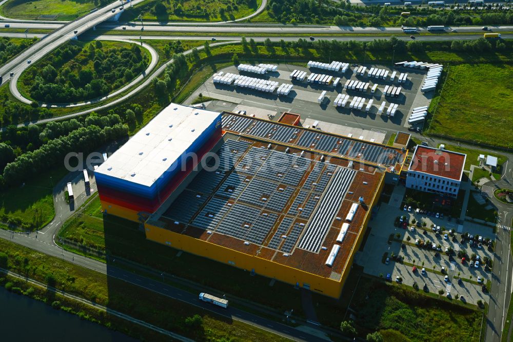 Aerial photograph Wustermark - High-bay warehouse building complex and logistics center on the premises dm VZ Verteilerzentrum in Wustermark in the state Brandenburg, Germany