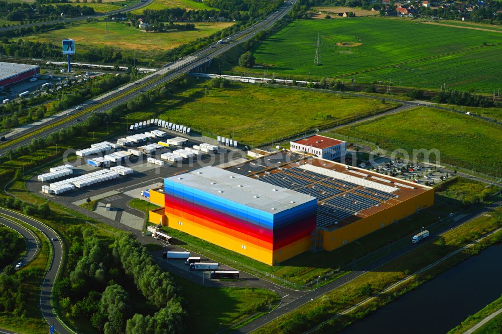 Aerial image Wustermark - High-bay warehouse building complex and logistics center on the premises dm VZ Verteilerzentrum in Wustermark in the state Brandenburg, Germany