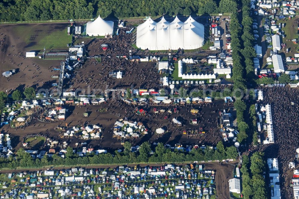 Wacken from above - Participants in the Wacken music festival on the event concert area in Wacken in the state Schleswig-Holstein, Germany