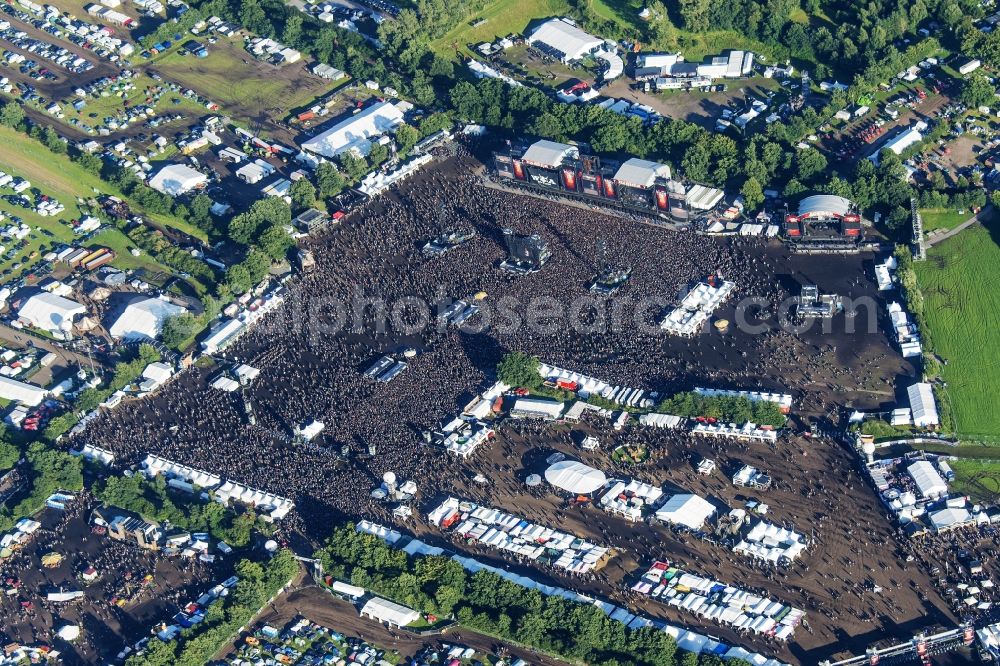 Aerial image Wacken - Participants in the Wacken music festival on the event concert area in Wacken in the state Schleswig-Holstein, Germany