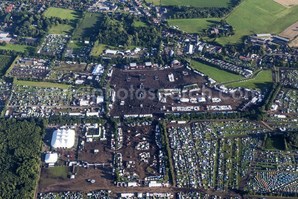 Wacken from above - Participants in the Wacken music festival on the event concert area in Wacken in the state Schleswig-Holstein, Germany