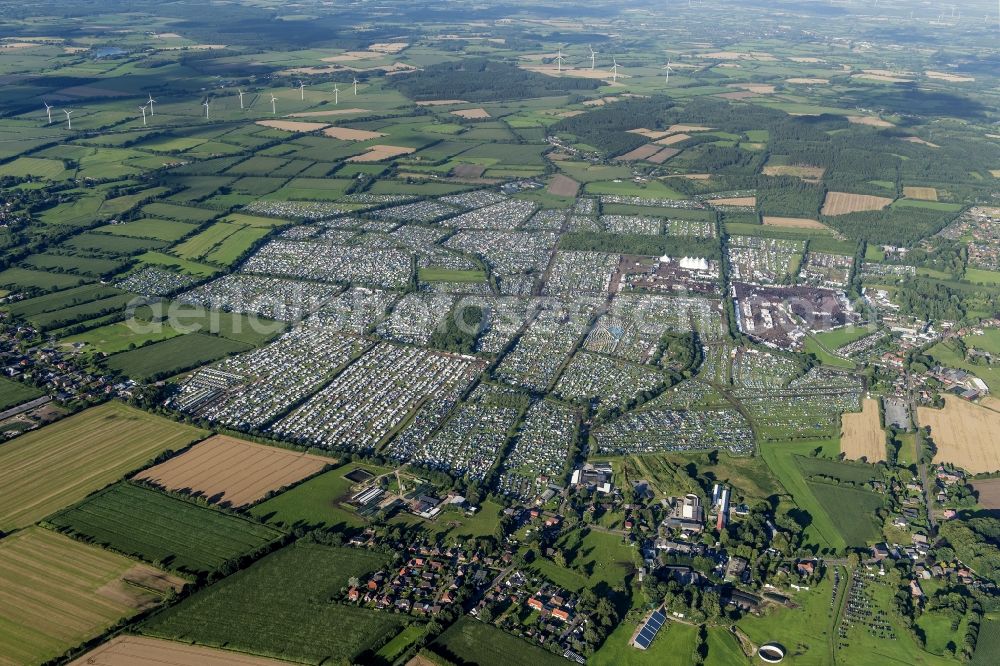 Wacken from above - Participants in the Wacken music festival on the event concert area in Wacken in the state Schleswig-Holstein, Germany