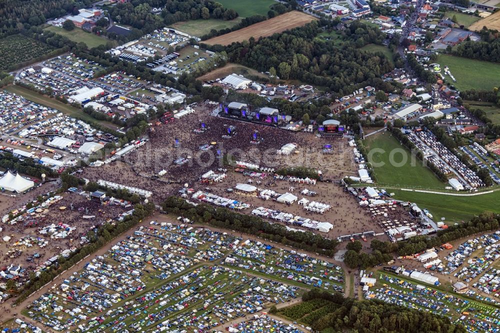 Wacken from above - Participants in the Wacken music festival on the event concert area in Wacken in the state Schleswig-Holstein, Germany