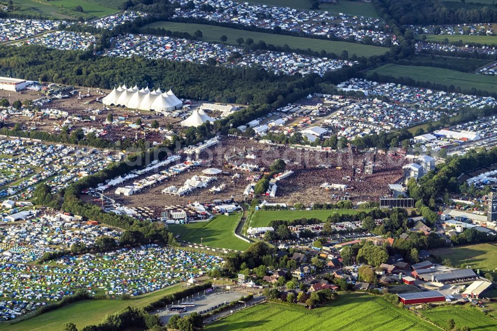 Wacken from above - Participants in the Wacken music festival on the event concert area in Wacken in the state Schleswig-Holstein, Germany