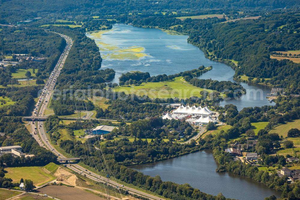 Aerial image Witten - Participants in the ZELTFESTIVAL RUHR music festival on the event concert area in the district Heven in Witten in the state North Rhine-Westphalia, Germany