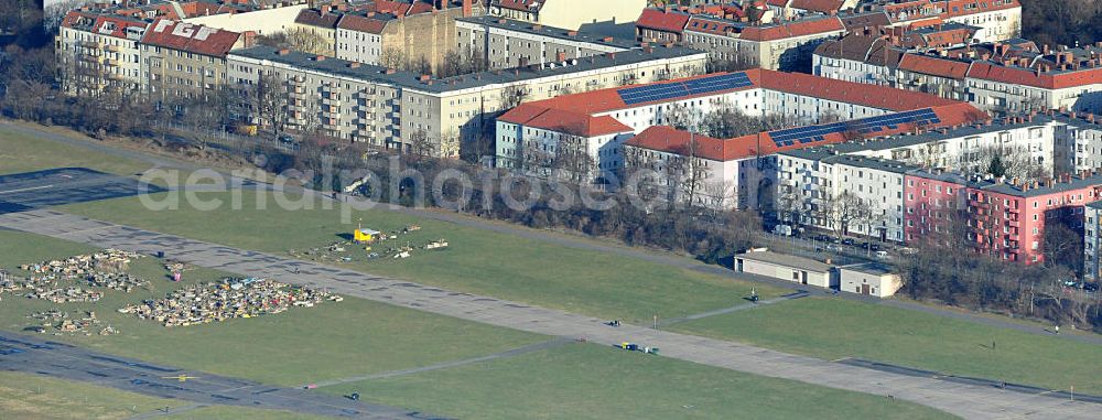 Aerial image Berlin - View of urban collective gardens at the former airport Tempelhof in Berlin. The gardens are meant to be used collaborative and consist of more than 130 raised beds which can be planted and cultivated by every interessted gardener