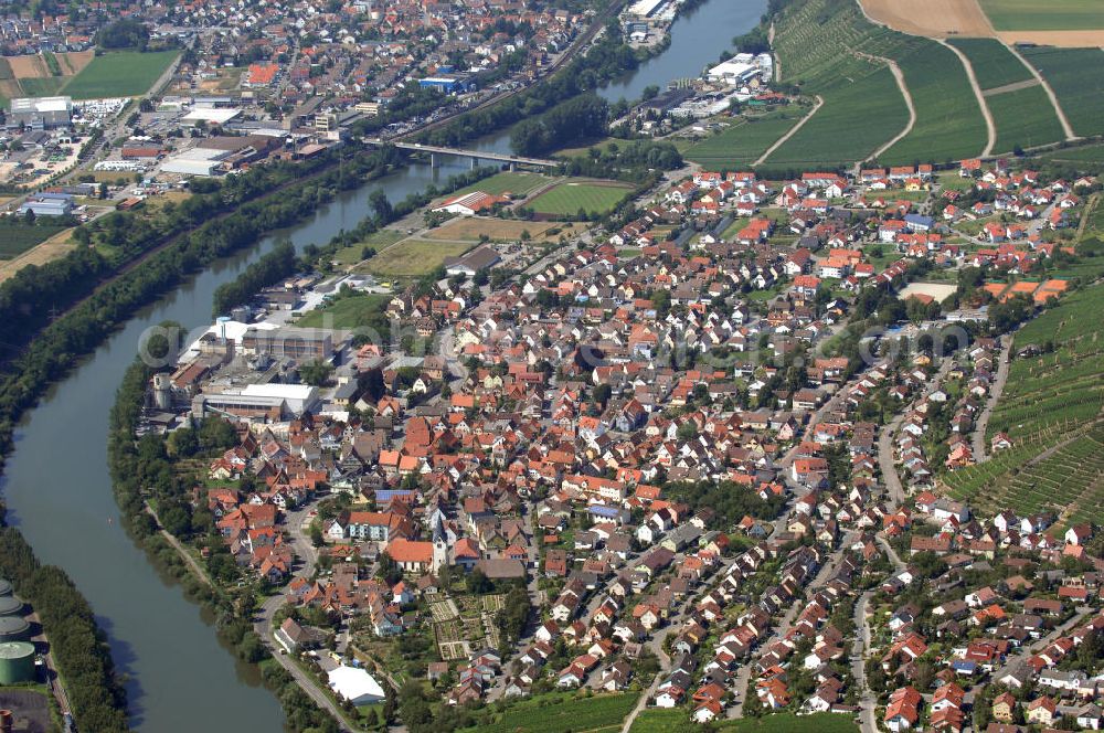 Aerial photograph Gemmrigheim - Blick über Gemmrigheim und Kirchheim am Neckar. Erkennen kann man u. a. eine Brücke die über den Neckar geht und die Firma Steinbeis Temming Papier GmbH & Co.