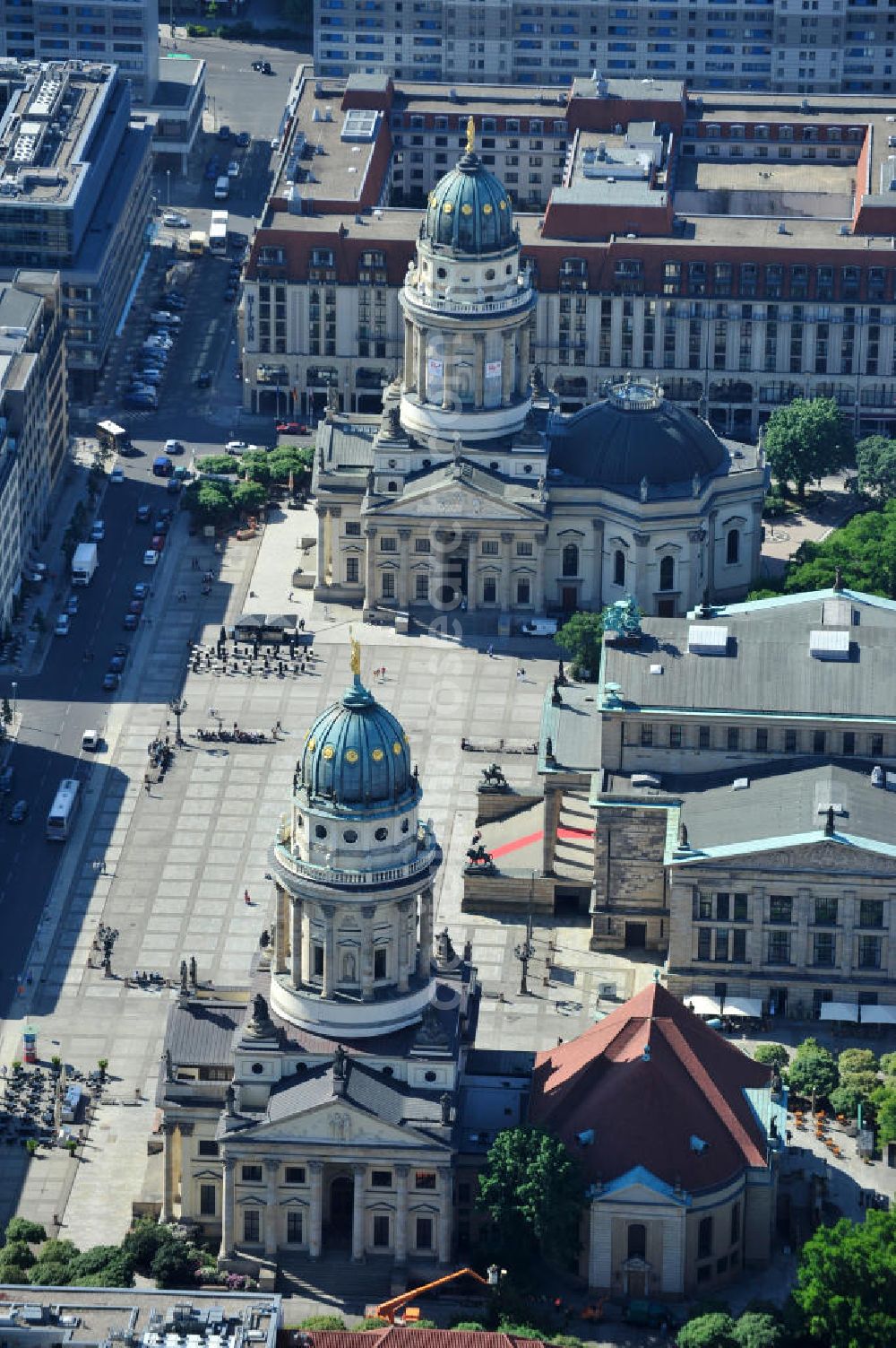 Berlin Mitte from above - Blick auf den Gendarmenmarkt mit dem Französischen Dom, dem Deutschen Dom und dem von Karl Friedrich Schinkel erbauten Schauspielhaus. View at the Gendarmenmarkt with the French Cathedral, the German Cathedral and the theater, built by Karl Friedrich Schinkel.