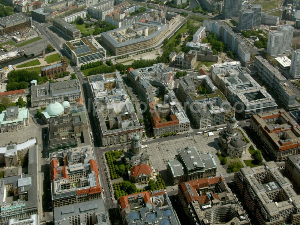 Berlin from above - Blick auf den Gendarmenmarkt, Deutschen Dom, Franzoesischer Dom, das Konzerthaus, die Hedwig-Kirche, Sat 1 und das Auswaertige Amt.