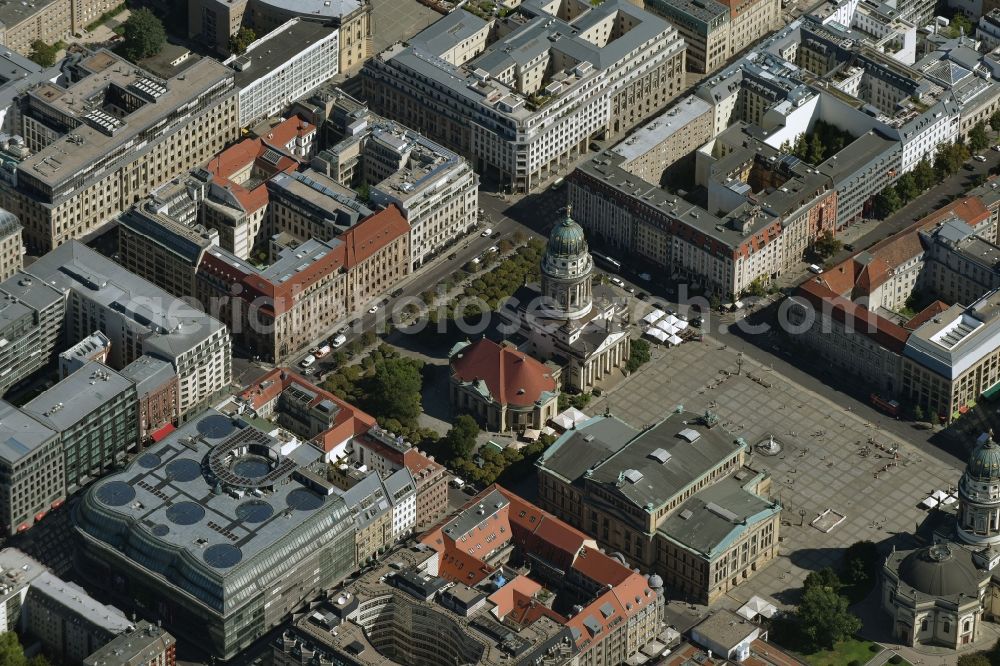 Berlin from above - Place area Gendarmenmarkt with the building ensemble German and French Cathedral, Schauspielhaus in Berlin Mitte