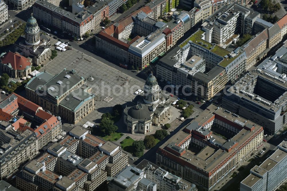 Berlin from above - Place area Gendarmenmarkt with the building ensemble German and French Cathedral, Schauspielhaus in Berlin Mitte