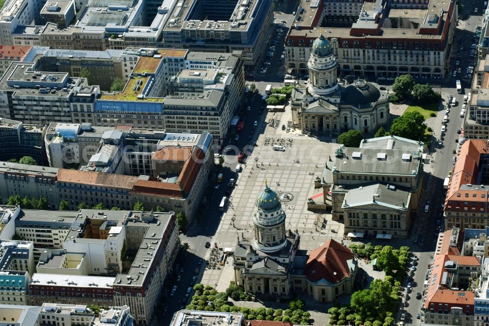 Berlin from above - Place area Gendarmenmarkt with the building ensemble German and French Cathedral, Schauspielhaus in Berlin Mitte