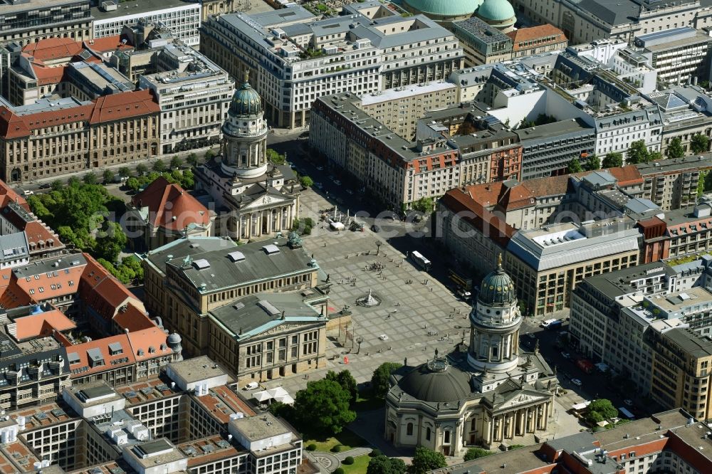 Berlin from above - Place area Gendarmenmarkt with the building ensemble German and French Cathedral, Schauspielhaus in Berlin Mitte