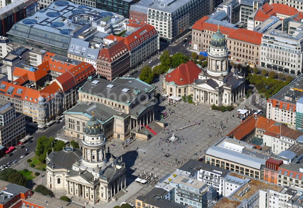 Berlin from above - Place area Gendarmenmarkt with the building ensemble German and French Cathedral, Schauspielhaus in Berlin Mitte