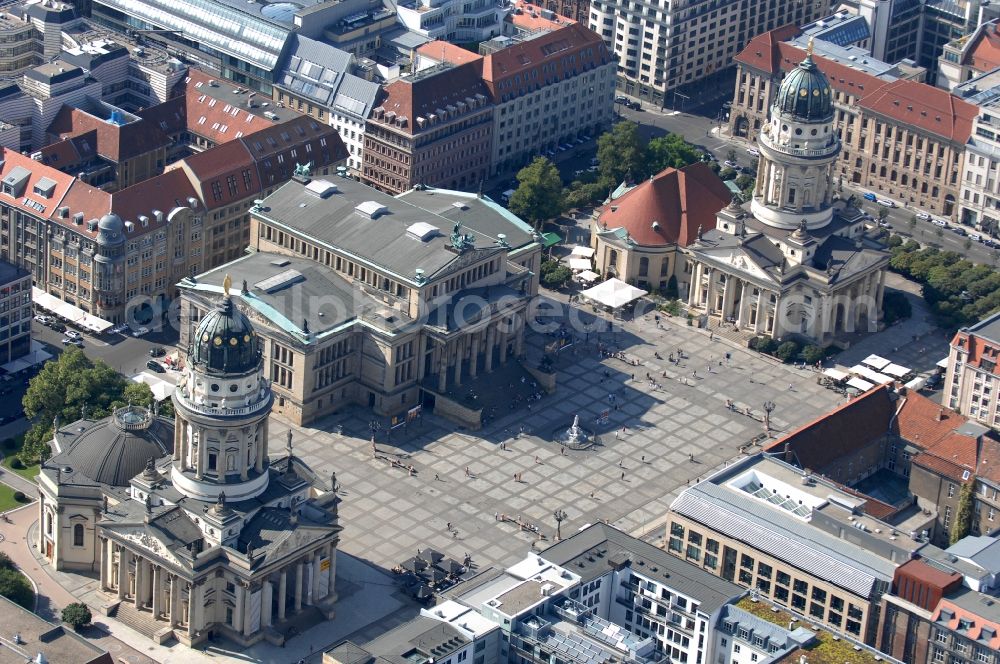 Berlin from the bird's eye view: Gendarmenmarkt with the ensemble of buildings German and French Cathedral, Schauspielhaus in the Mitte district in Berlin, Germany