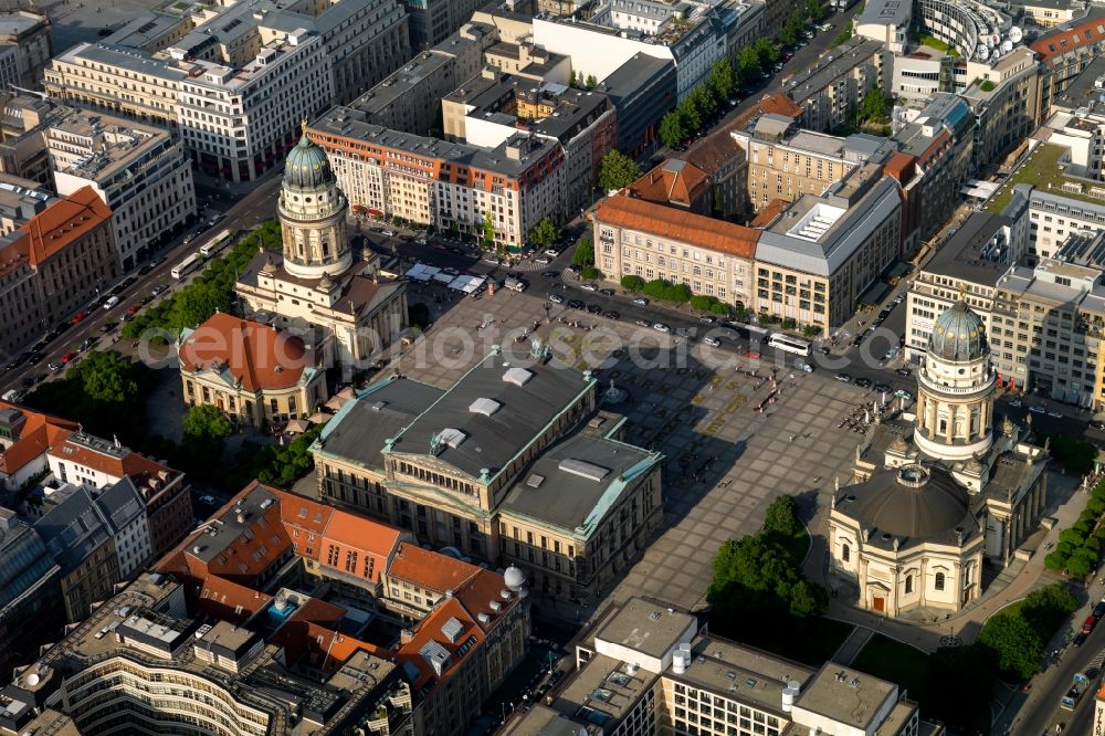 Berlin from above - Place area Gendarmenmarkt with the building ensemble German and French Cathedral, Schauspielhaus in Berlin Mitte