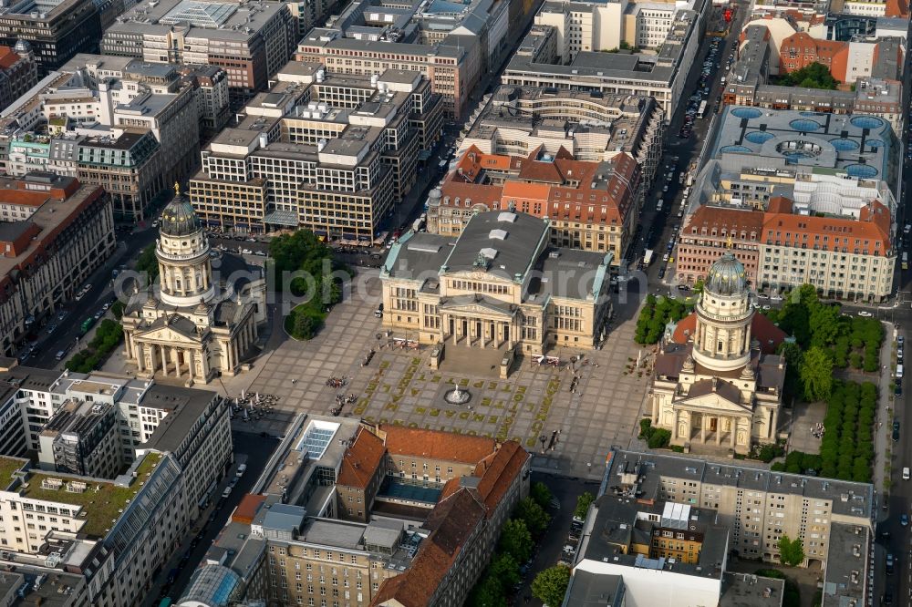 Berlin from above - Place area Gendarmenmarkt with the building ensemble German and French Cathedral, Schauspielhaus in Berlin Mitte