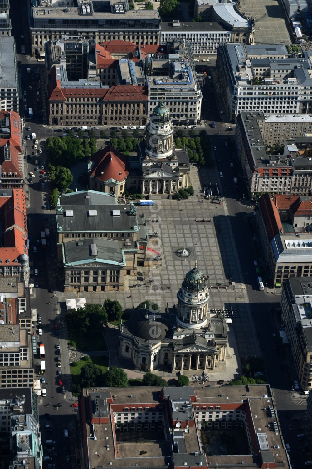 Berlin from above - Place area Gendarmenmarkt with the building ensemble German and French Cathedral, Schauspielhaus in Berlin Mitte