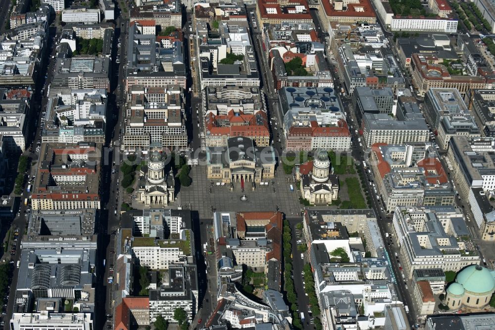 Berlin from above - Place area Gendarmenmarkt with the building ensemble German and French Cathedral, Schauspielhaus in Berlin Mitte