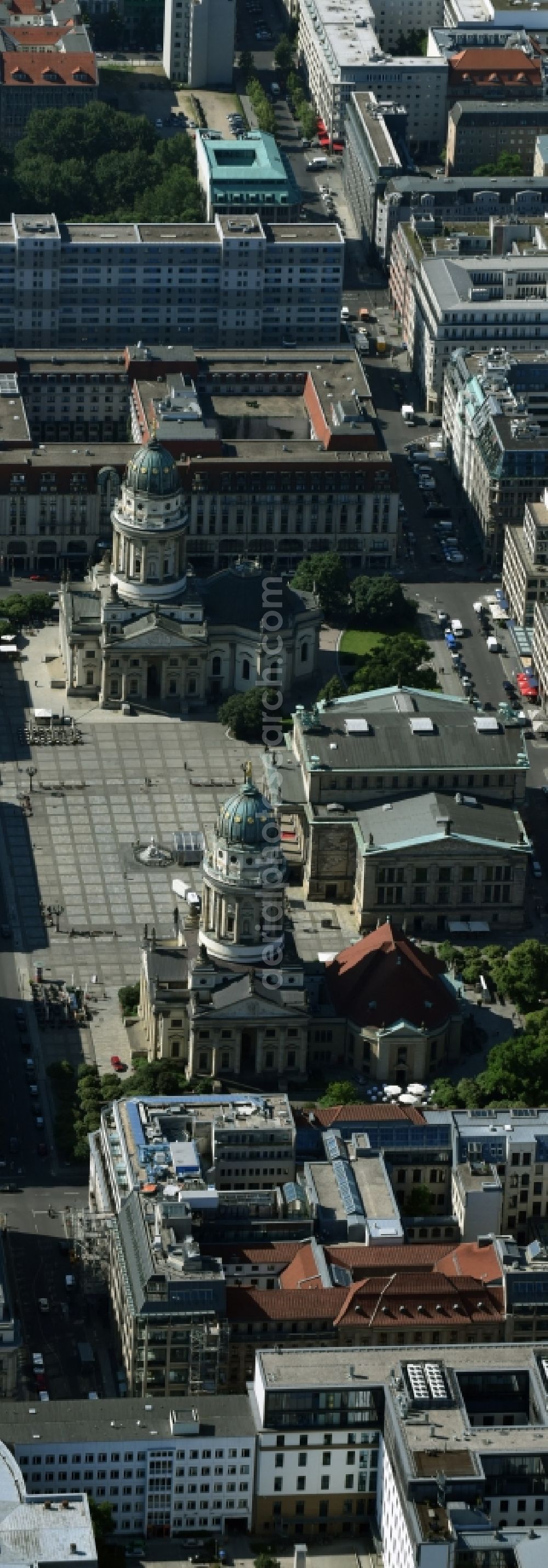 Berlin from above - Place area Gendarmenmarkt with the building ensemble German and French Cathedral, Schauspielhaus in Berlin Mitte