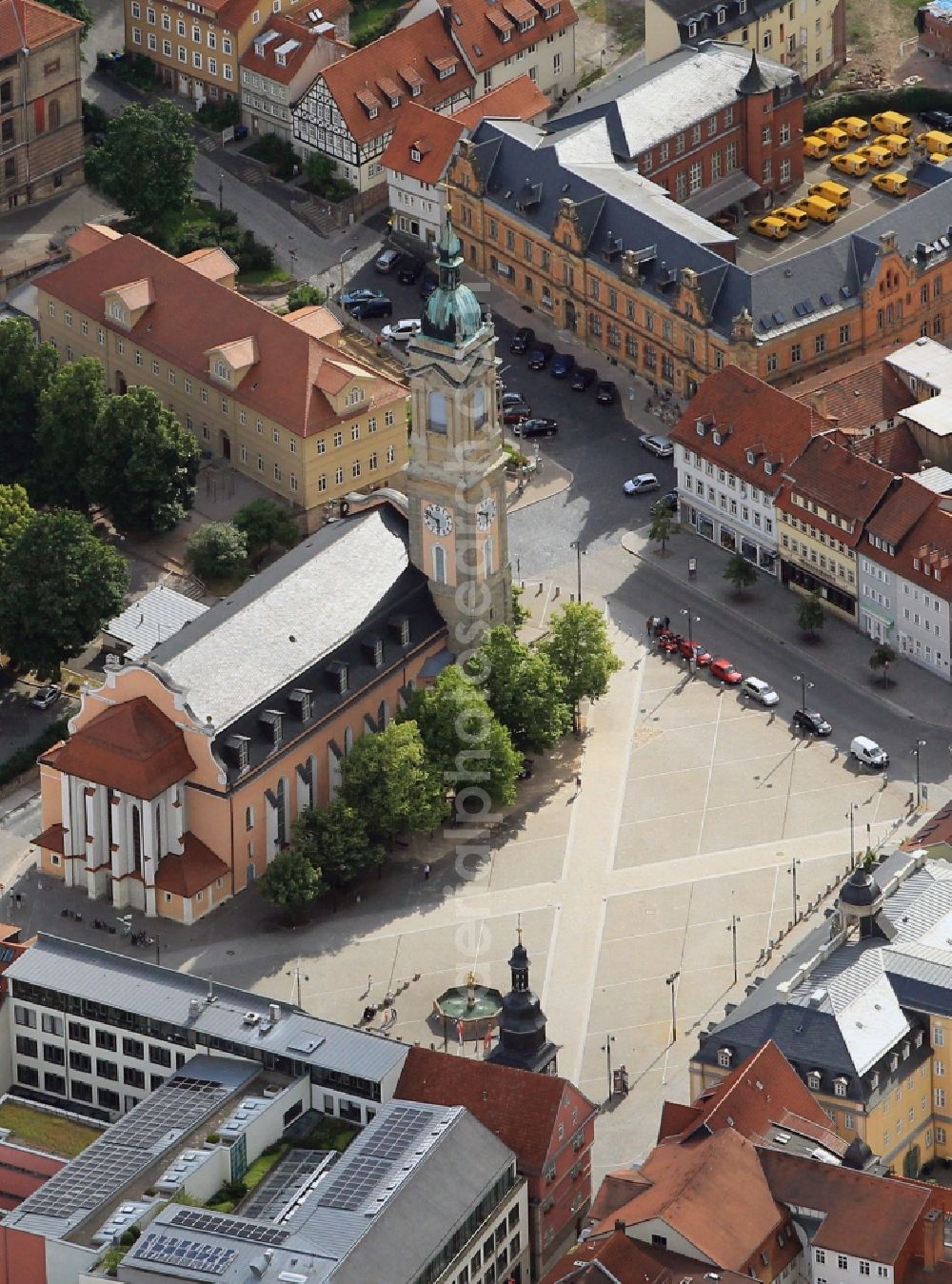 Aerial image Eisenach - On the market of Eisenach in Thuringia is the George Church as an important landmark of the city. The main church of the city goes back to a Gothic hall church, which received its present appearance in the Baroque style in the 17th and 18th centuries. In this church preached the reformer Martin Luther and here the church musician Johann Sebastian Bach was baptized