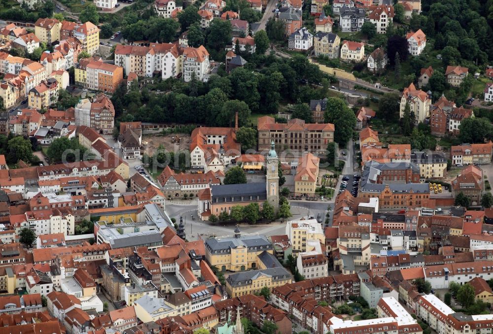 Eisenach from above - On the market of Eisenach in Thuringia is the George Church as an important landmark of the city. The main church of the city goes back to a Gothic hall church, which received its present appearance in the Baroque style in the 17th and 18th centuries. In this church preached the reformer Martin Luther and here the church musician Johann Sebastian Bach was baptized. Another important monument in the market is the City Palace, which was a residence of the Grand Dukes of Saxe-Weimar-Eisenach. Today it houses the city archives and the Thuringian Museum. At Luther Square is a distinctive half-timbered house, to see the Luther house. Here Luther is said to have lived in his school days