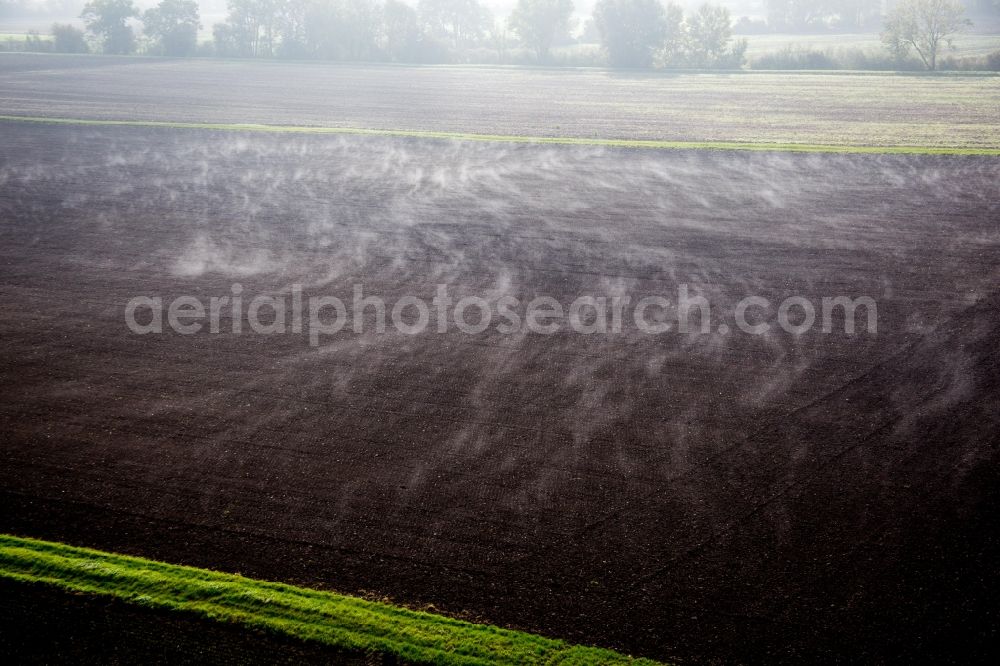 Biblis from above - Plowed field with ground mist in the district Nordheim in Biblis in the state Hesse