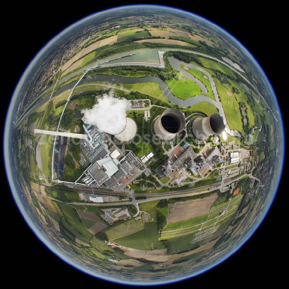 Werne from the bird's eye view: Fish eye look at the coal-fired power plant in Werne-Stockum. RWE is carrier of the plant