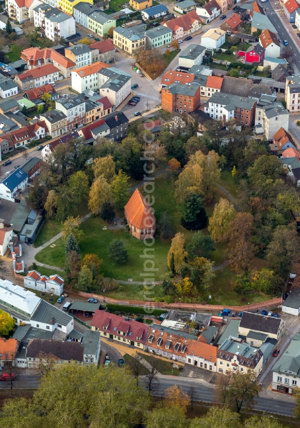 Güstrow from above - View of the chapel Gertrudenkapelle in Guestrow in the state Mecklenburg-West Pomerania