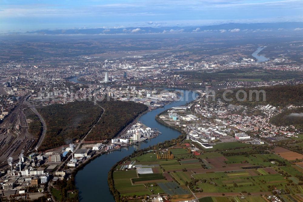 Basel from above - Overview af the city area and industrial regions at the river Rhine in Basel, Switzerland