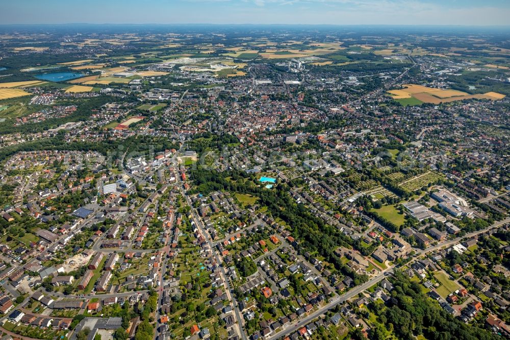 Beckum from the bird's eye view: City area with outside districts and inner city area in Beckum in the state North Rhine-Westphalia, Germany