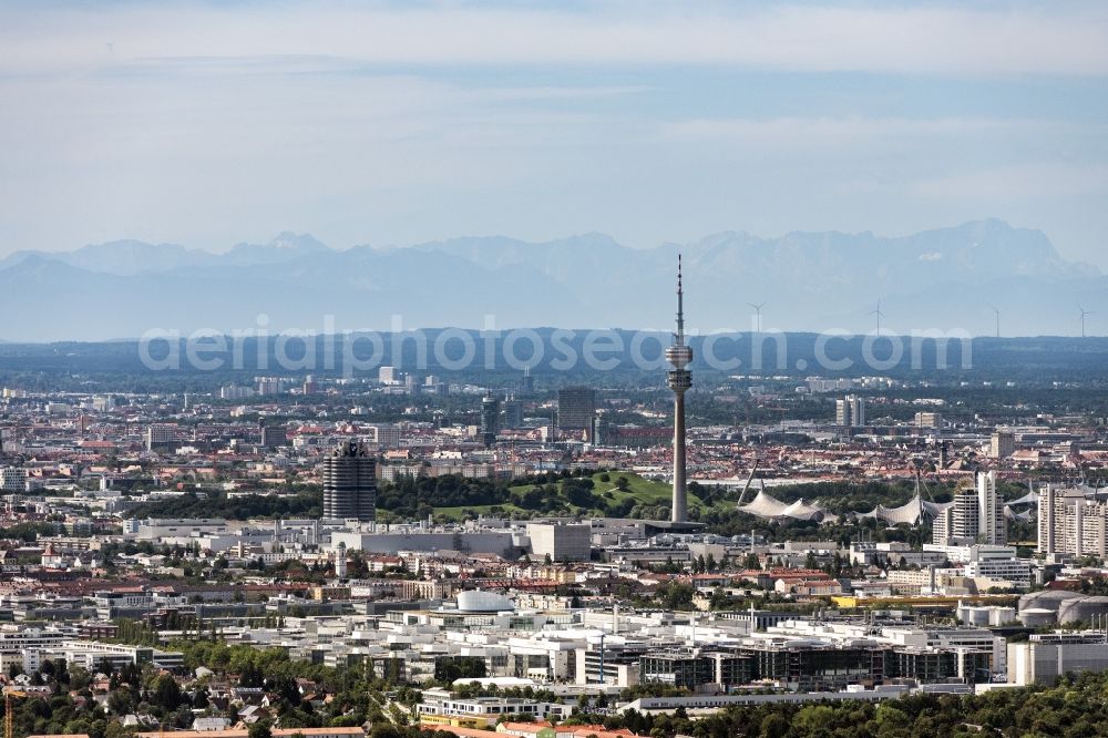 München from above - City area with outside districts and inner city area in Munich in the state Bavaria, Germany