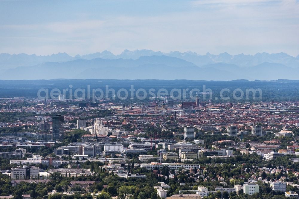 München from above - City area with outside districts and inner city area in Munich in the state Bavaria, Germany