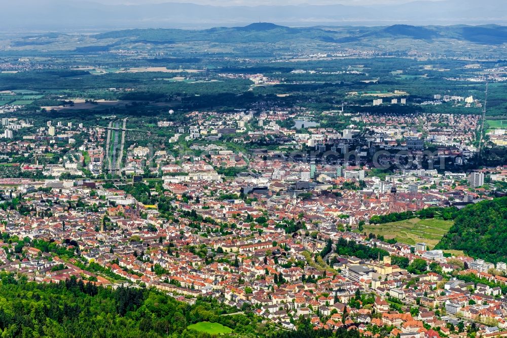 Freiburg im Breisgau from above - City area with outside districts and inner city area in Freiburg im Breisgau in the state Baden-Wuerttemberg, Germany