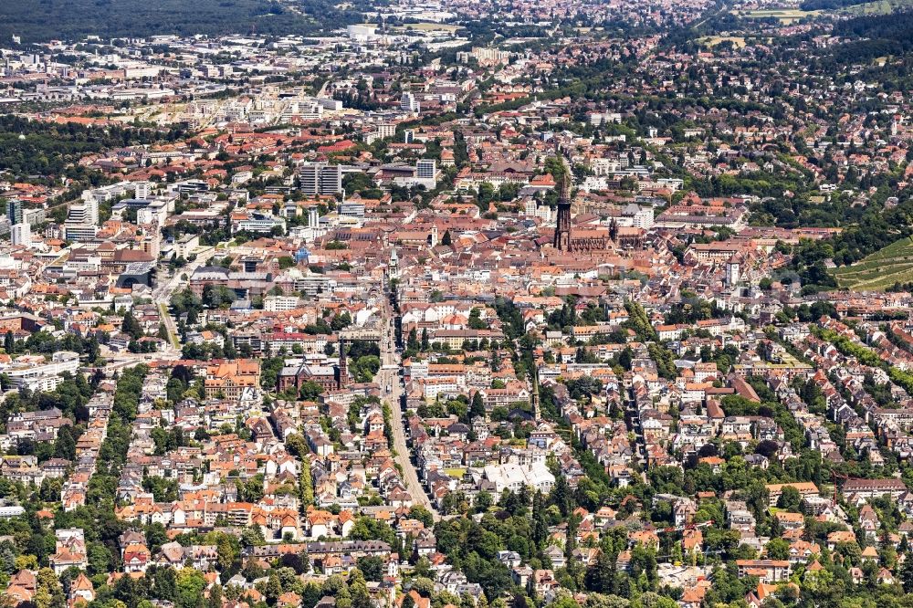 Freiburg im Breisgau from above - City area with outside districts and inner city area in Freiburg im Breisgau in the state Baden-Wurttemberg, Germany