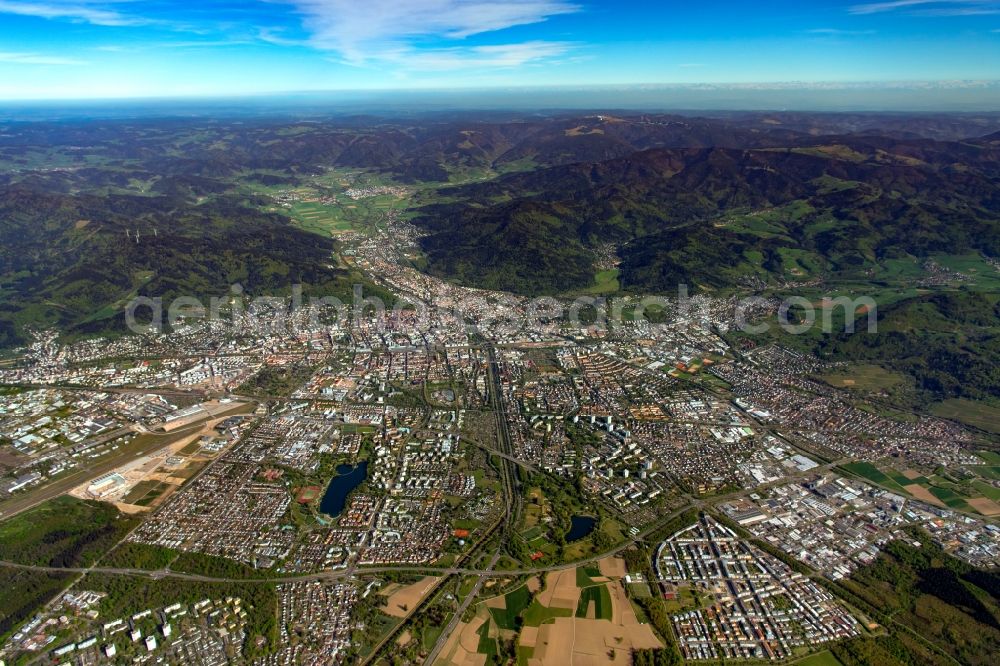 Freiburg im Breisgau from above - City area with outside districts and inner city area in Freiburg im Breisgau in the state Baden-Wuerttemberg, Germany