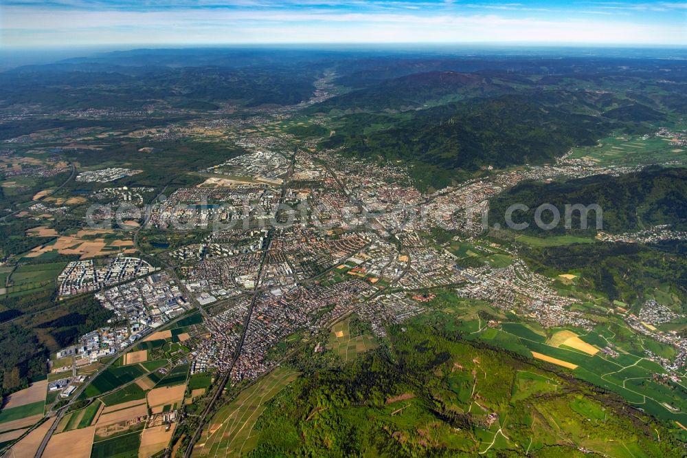 Freiburg im Breisgau from the bird's eye view: City area with outside districts and inner city area in Freiburg im Breisgau in the state Baden-Wuerttemberg, Germany