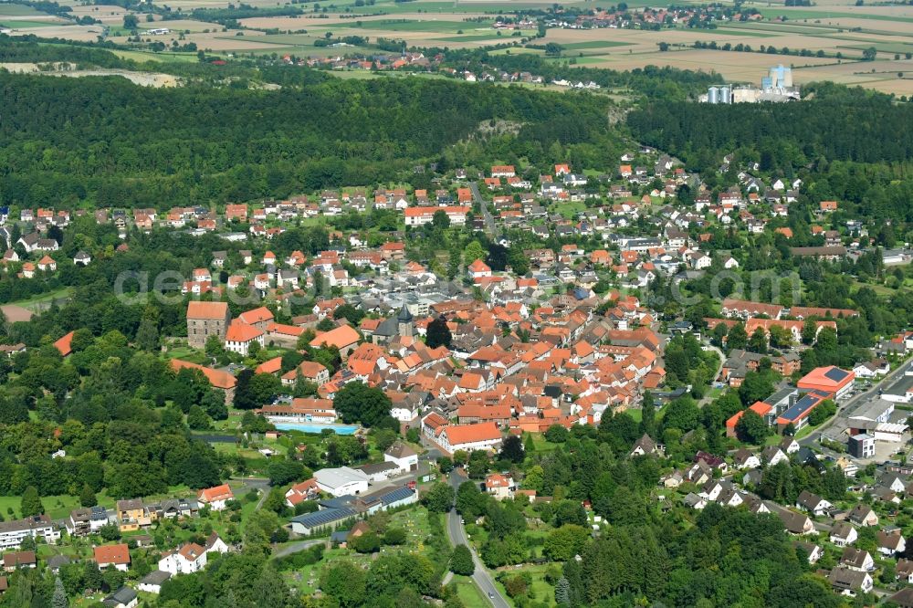 Hardegsen from the bird's eye view: City area with outside districts and inner city area in Hardegsen in the state Lower Saxony, Germany