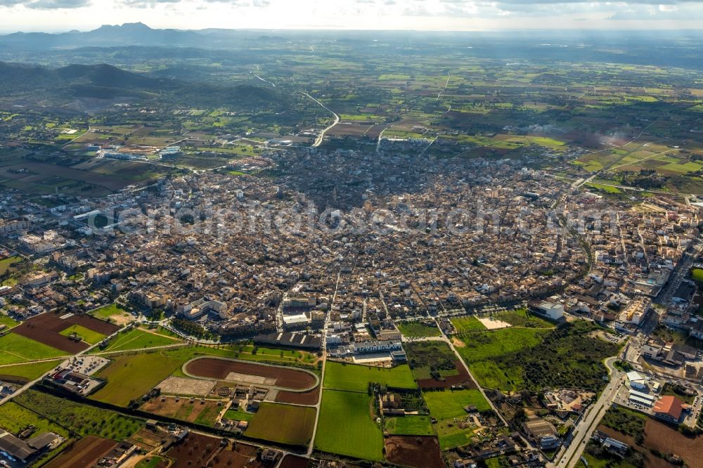 Manacor from above - City area with outside districts and inner city area in Manacor in Balearische Insel Mallorca, Spain