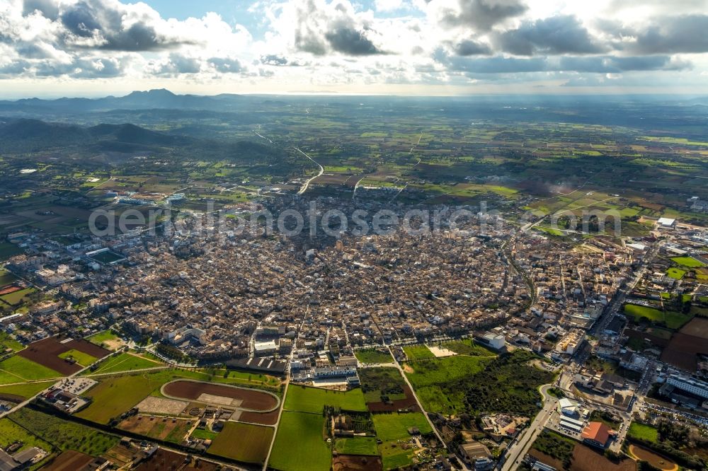 Manacor from the bird's eye view: City area with outside districts and inner city area in Manacor in Balearische Insel Mallorca, Spain