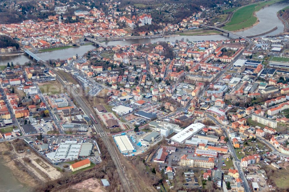 Meißen from above - City area with outside districts and inner city area in Meissen in the state Saxony, Germany