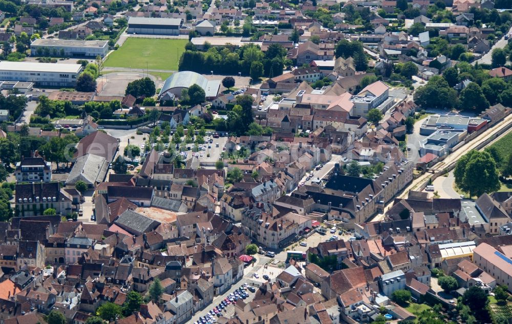 Nuits-Saint-Georges from above - City area with outside districts and inner city area in Nuits-Saint-Georges in Bourgogne Franche-Comte, France