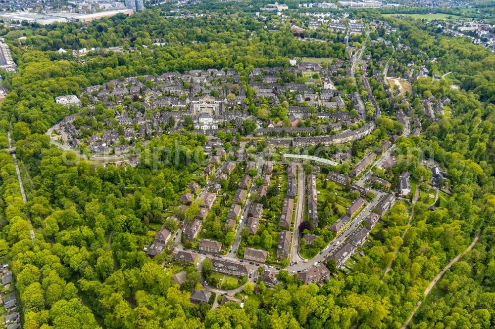 Essen from the bird's eye view: City area with outside districts and inner city area in the district Margarethenhoehe in Essen at Ruhrgebiet in the state North Rhine-Westphalia, Germany