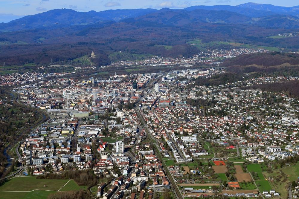 Lörrach from the bird's eye view: City area with outside districts and inner city area in the district Stetten in Loerrach in the state Baden-Wurttemberg, Germany