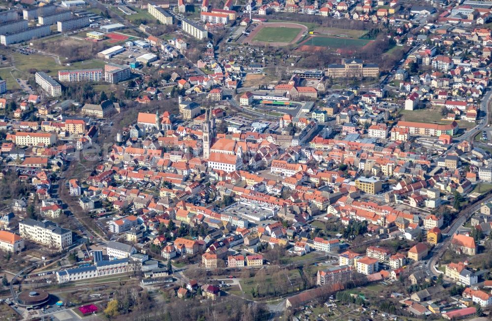 Oschatz from above - City area with outside districts and inner city area in Oschatz in the state Saxony, Germany