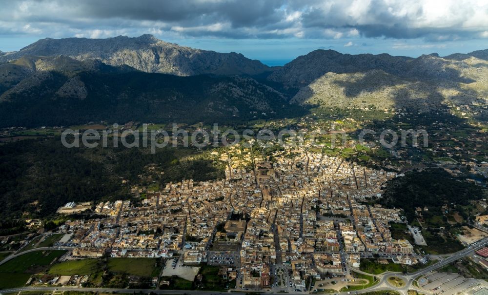 Pollenca from the bird's eye view: City area with outside districts and inner city area in Pollenca in Balearische Insel Mallorca, Spain