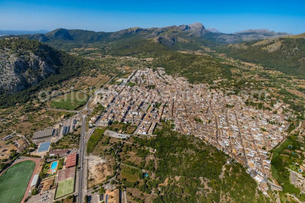 Aerial image Pollenca - City area with outside districts and inner city area in Pollenca in Balearische Insel Mallorca, Spain