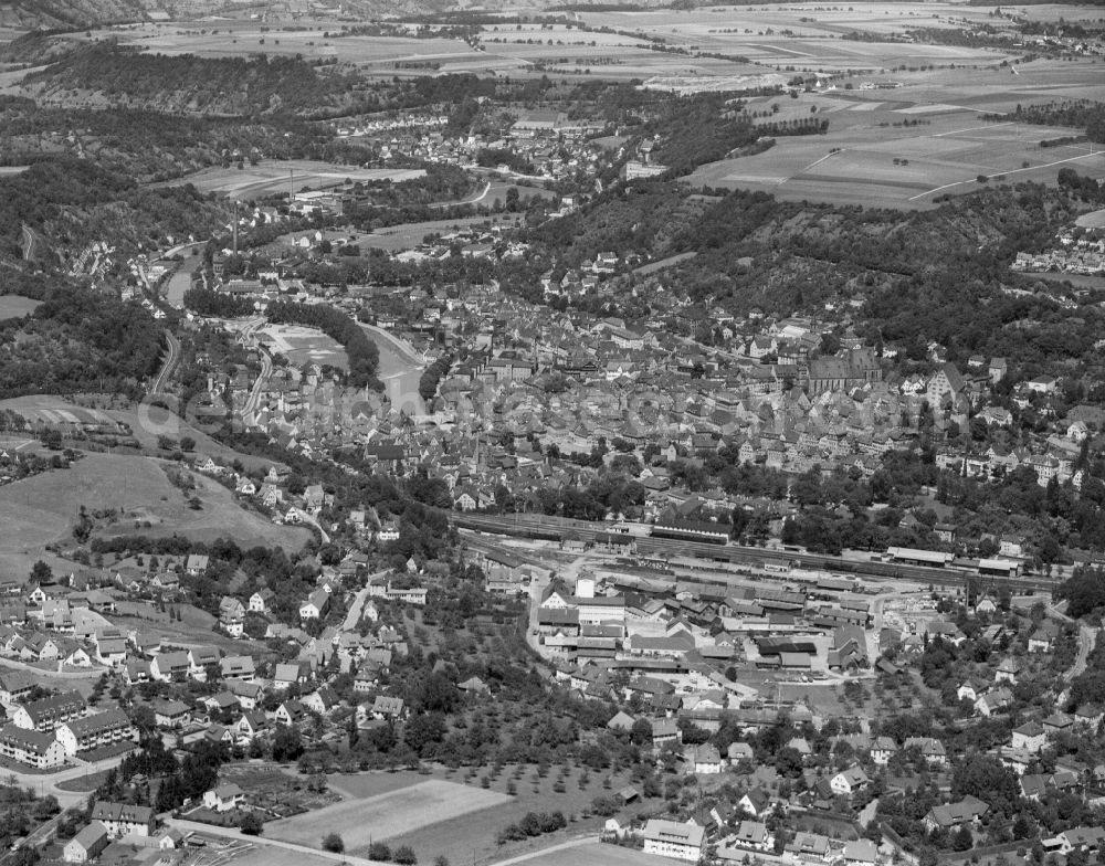 Schwäbisch Hall from above - City area with outside districts and inner city area in Schwaebisch Hall in the state Baden-Wuerttemberg, Germany