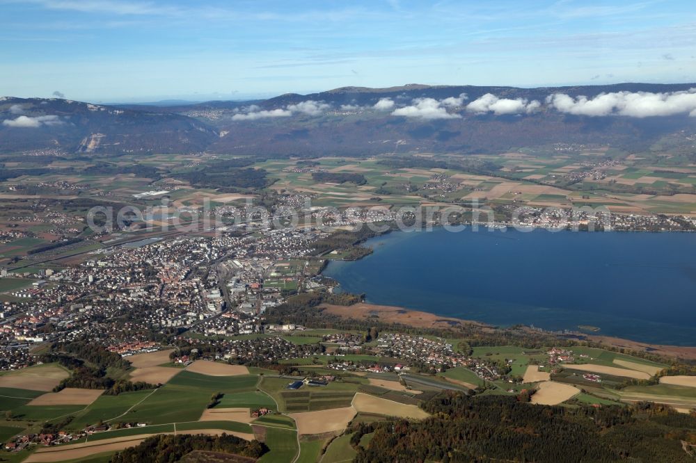 Aerial image Yverdon-les-Bains - City area with outside districts and inner city area in Yverdon-les-Bains at the Lake Neuchatel in the canton Vaud, Switzerland